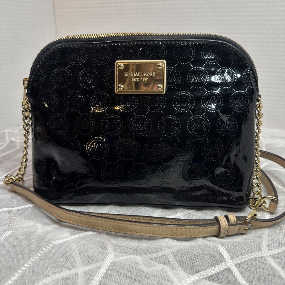 Michael Kors Black Patent Leather Monogram Dome Purse Crossbody